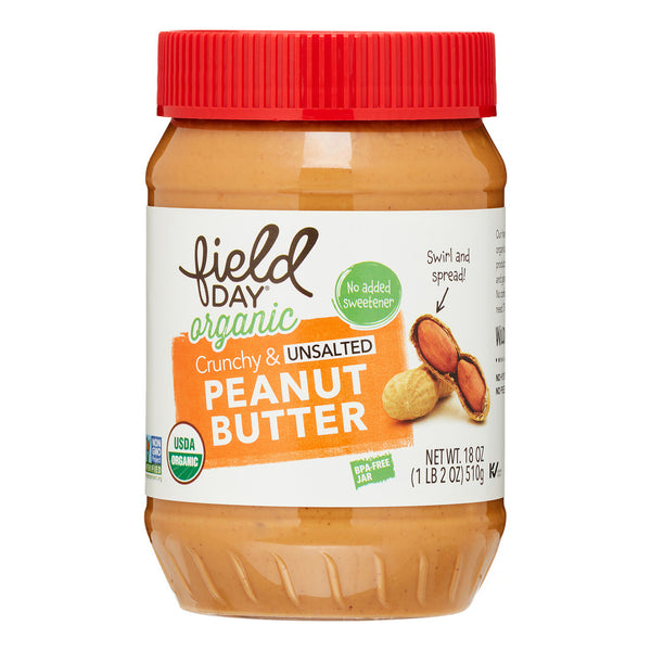 Field Day Organic Easy Spread Peanut Butter, Crunchy, No Salt (12x18Oz)