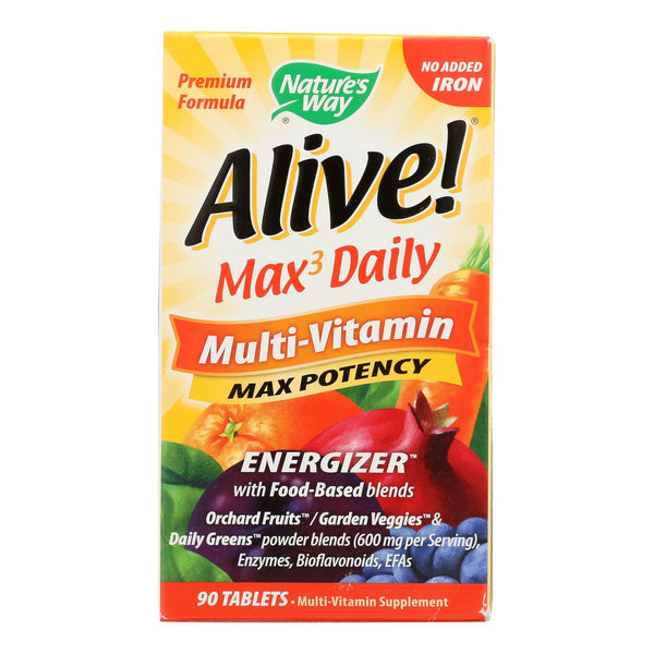 Nature's Way - Alive! Max3 Daily Multi-vitamin - Max Potency - No Iron Added - 90 Tablets