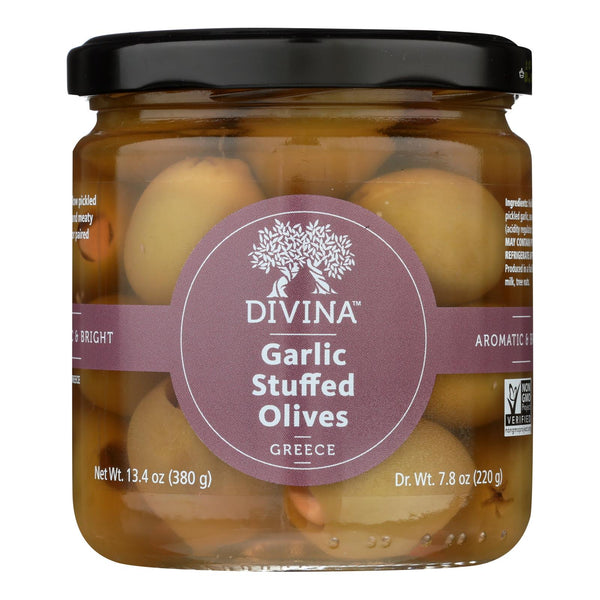 Divina - Green Olives Stuffed With Garlic - Case Of 6 - 7.8 Oz.