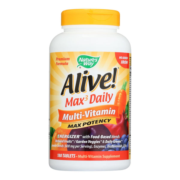 Nature's Way - Alive! Max3 Daily Multi-vitamin - Max Potency - No Iron Added - 180 Tablets