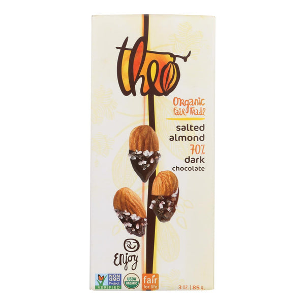 Theo Chocolate Organic Chocolate Bar - Classic - Dark Chocolate - 70 Percent Cacao - Salted Almond - 3 Oz Bars - Case Of 12