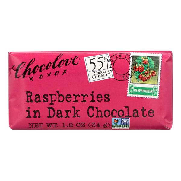 Chocolove Xoxox - Premium Chocolate Bar - Dark Chocolate - Raspberries - Mini - 1.2 Oz Bars - Case Of 12